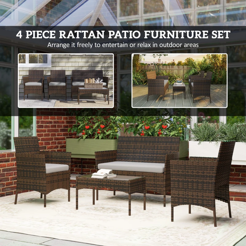 Outsunny 4 Pieces Wicker Outdoor Balcony Furniture Set Rattan Patio Furniture Set with Loveseat Chairs Glass Coffee Table Grey