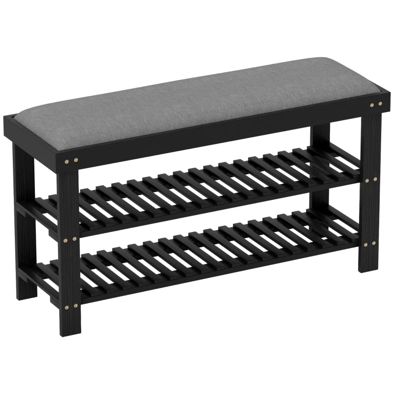 HOMCOM Bamboo Shoe Storage Bench, 3-Tier Entryway Bench with Cushion, Shoe Organizer for Entryway, Hallway, Black