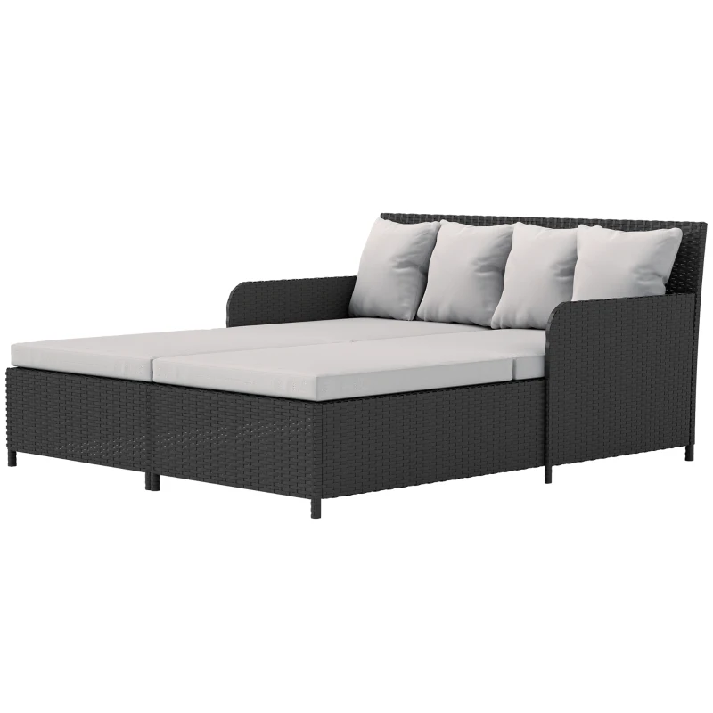 Outsunny Rattan Outdoor Daybed, Sunbed Loveseat with Soft Cushions, 4 Pillows, Curved Backrest & Armrest, Light Grey