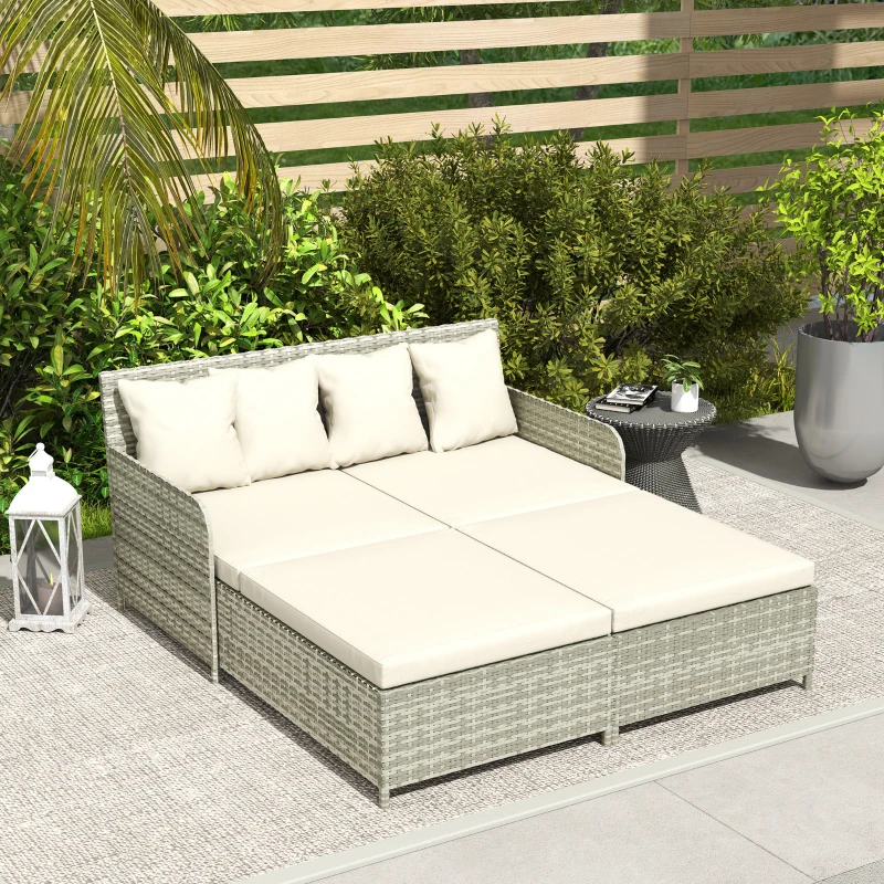 Outsunny Rattan Outdoor Daybed, Sunbed Loveseat with Soft Cushions, 4 Pillows, Curved Backrest & Armrest, Beige