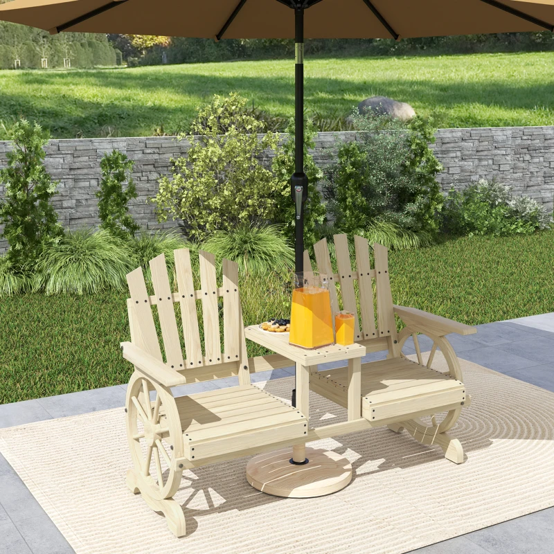 Outsunny 2-Seat Wooden Garden Bench with Table, Umbrella Hole, High Backrest, Armrests for Backyard, Patio, Garden, Natural Wood