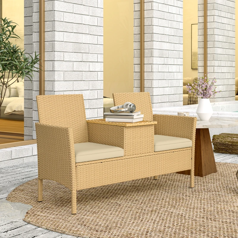 Outsunny Patio Sofa Wicker Loveseat with Built-in Flip-Top Coffee Table and Cushions for Balcony, Garden, Lawn, Backyard, Khaki