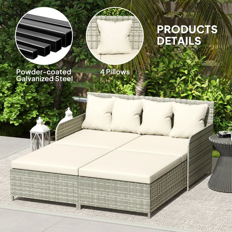 Outsunny Rattan Outdoor Daybed, Sunbed Loveseat with Soft Cushions, 4 Pillows, Curved Backrest & Armrest, Beige
