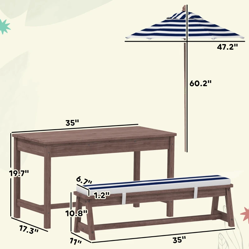 Qaba Outdoor Wooden Kids Picnic Table & Bench Set with Cushions and Umbrella, for Patio, Garden, Navy Blue