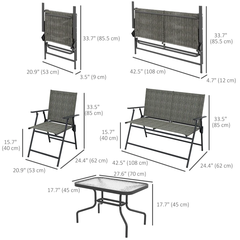 Outsunny Outdoor 4 Pieces Patio Furniture Set, Garden Set with Two Foldable Armchairs, a Loveseat & Glass Top Table, Mixed Brown