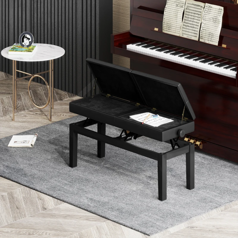 HOMCOM Piano Bench with Storage, Height Adjustable Piano Stool, PU Leather Tufted Keyboard Seat, Black