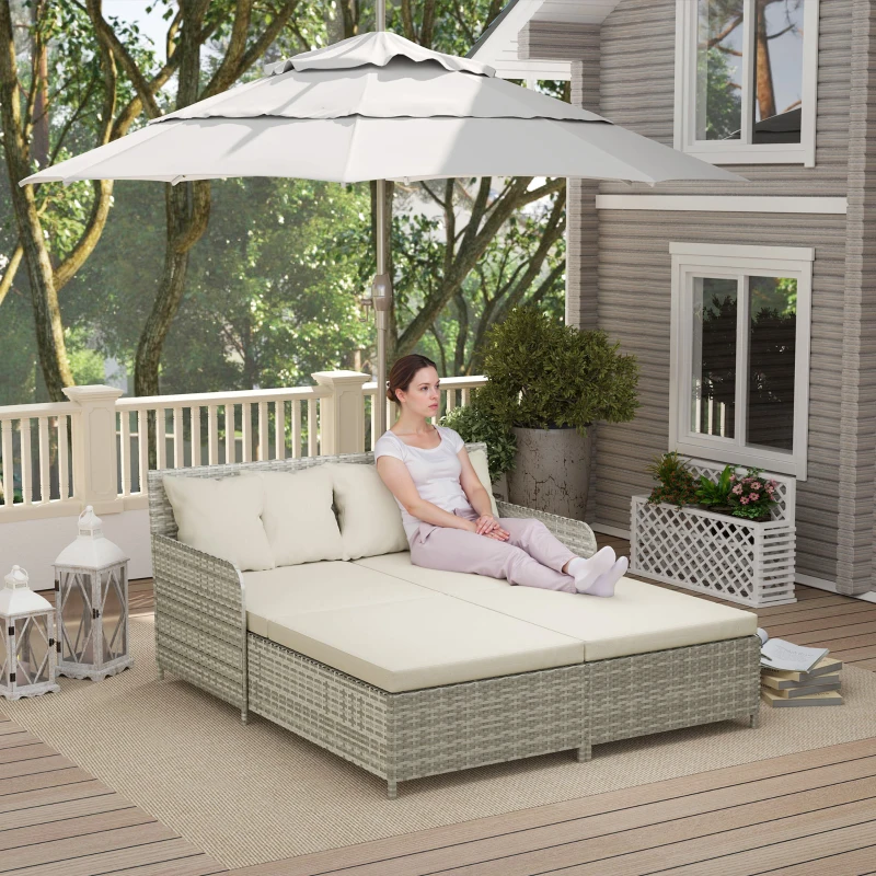 Outsunny Rattan Outdoor Daybed, Sunbed Loveseat with Soft Cushions, 4 Pillows, Curved Backrest & Armrest, Beige