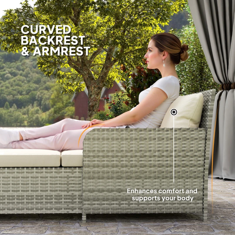 Outsunny Rattan Outdoor Daybed, Sunbed Loveseat with Soft Cushions, 4 Pillows, Curved Backrest & Armrest, Beige