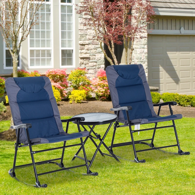 Outsunny 3 Piece Outdoor Folding Rocking Chair and Table Set - Blue and Gray