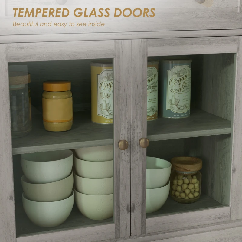 HOMCOM Sideboard Buffet Cabinet with Storage, Coffee Bar Cabinet with Glass Doors and Adjustable Shelves, Weathered Grey Oak