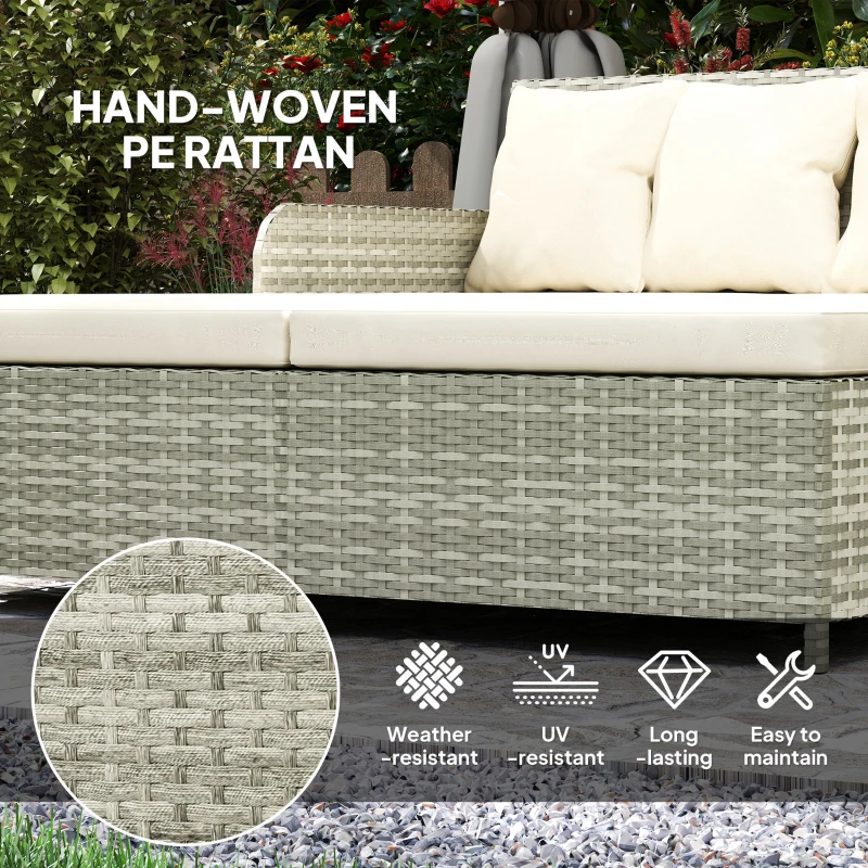 Outsunny Rattan Outdoor Daybed, Sunbed Loveseat with Soft Cushions, 4 Pillows, Curved Backrest & Armrest, Beige