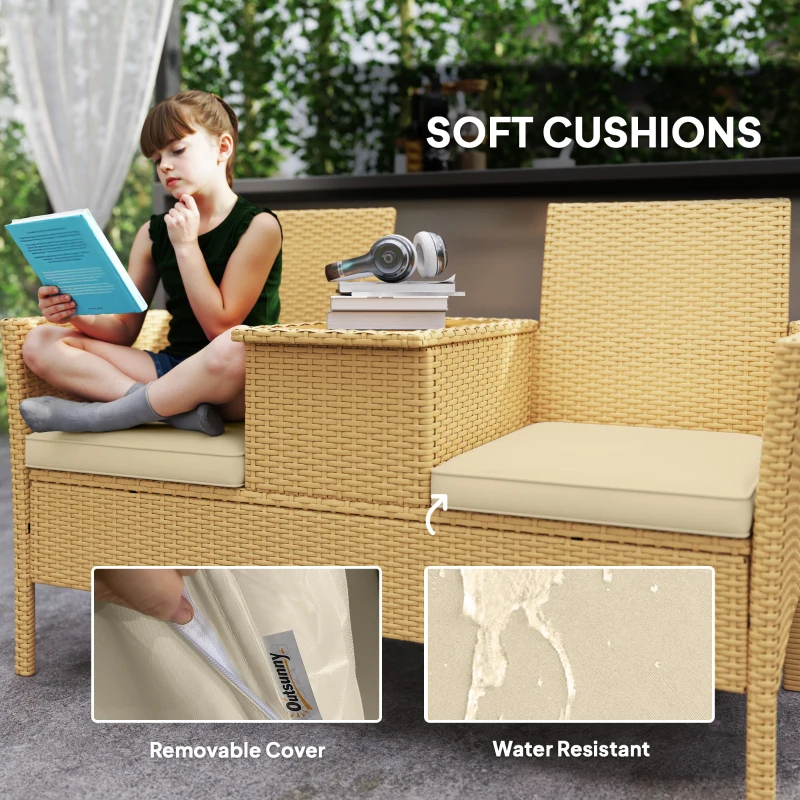 Outsunny Patio Sofa Wicker Loveseat with Built-in Flip-Top Coffee Table and Cushions for Balcony, Garden, Lawn, Backyard, Khaki