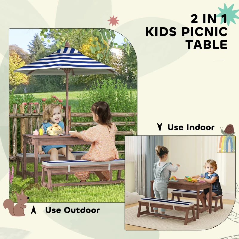 Qaba Outdoor Wooden Kids Picnic Table & Bench Set with Cushions and Umbrella, for Patio, Garden, Navy Blue