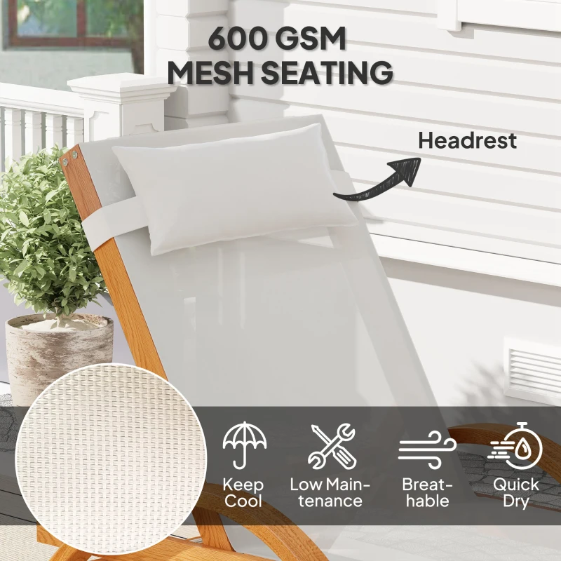 Outsunny Larch Wood Lounge Chair, 4-Level Adjustable Tanning Chair, Full Flat Patio Lounger with Mesh Seat, Cream White