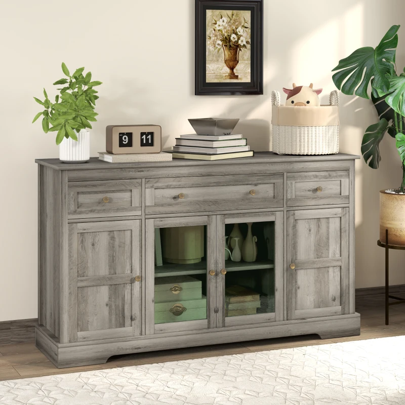 HOMCOM Sideboard Buffet Cabinet with Storage, Coffee Bar Cabinet with Glass Doors and Adjustable Shelves, Weathered Grey Oak