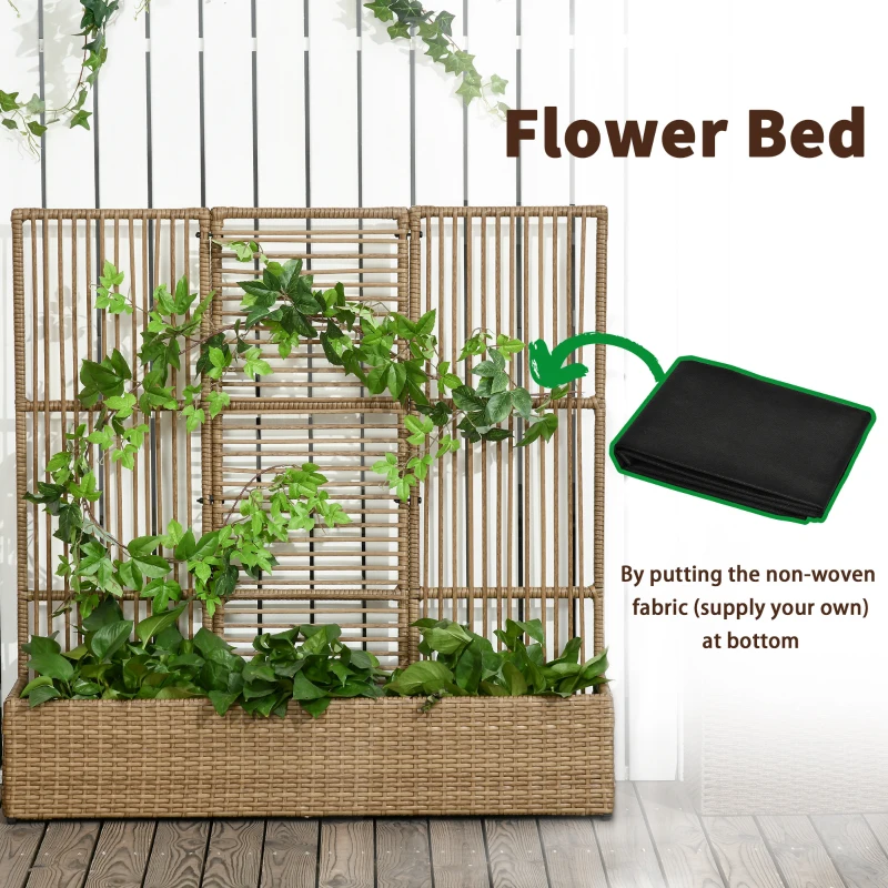 Outsunny Raised Garden Bed with Lattice Trellis, Rattan Outdoor Planter with Storage for Garden, Patio, Balcony, Sand Brown
