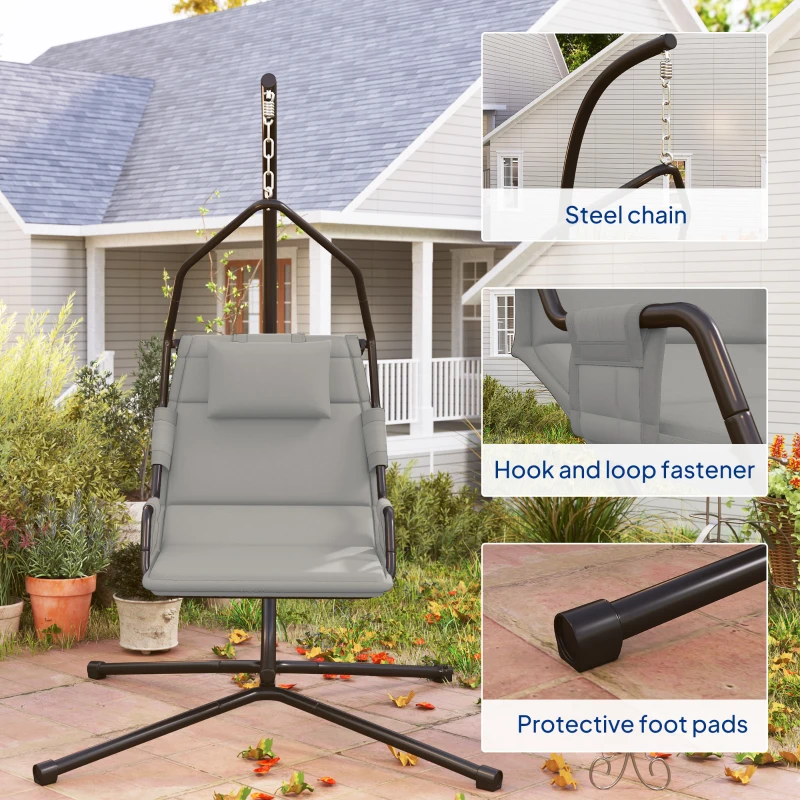 Outsunny Hammock Chair with Stand and PA Coating Cushion, Hanging Swing Chair with Steel Frame for Indoor and Outdoor, Gray