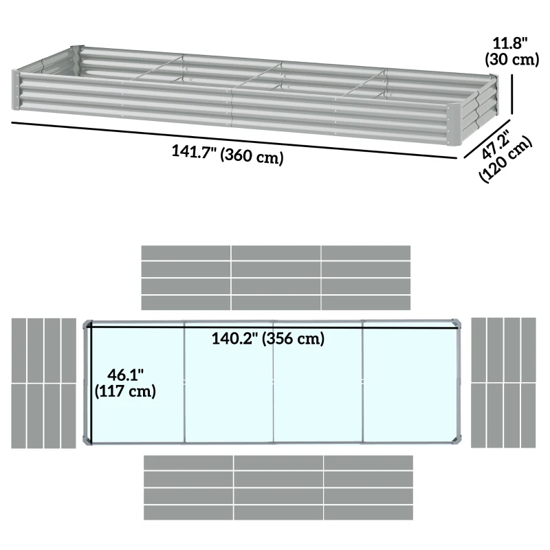 Outsunny 12 x 4 x 1ft Galvanized Raised Garden Bed, Reinforced Outdoor Planter Box with Open Bottom, Silver
