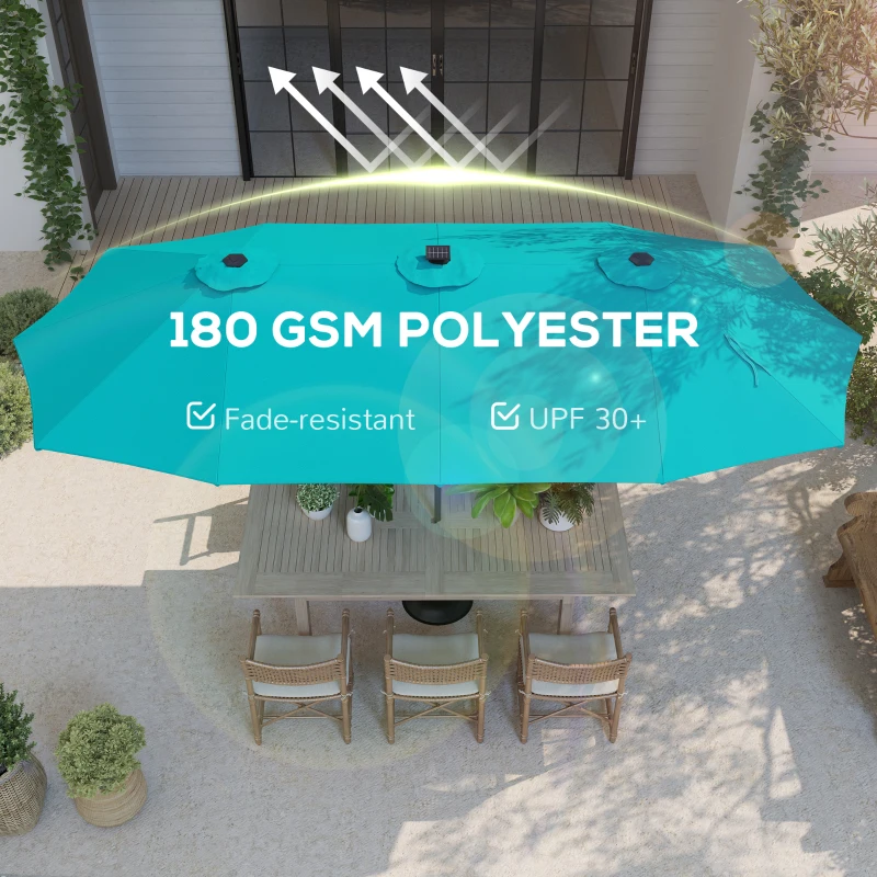 Outsunny 13ft Double-Sided Market Umbrella, Large Patio Umbrella with Solar Lights, Crank Handle for Garden, Pool, Yard, Blue