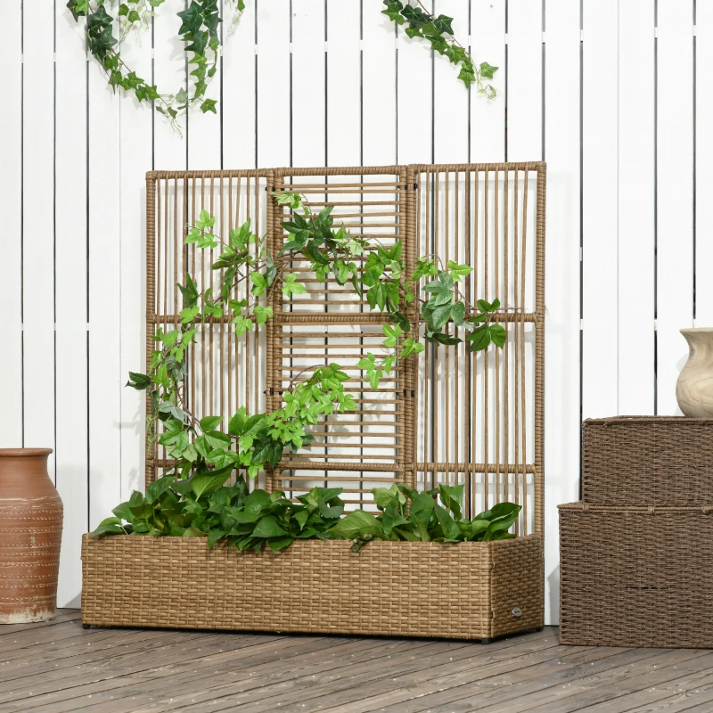 Outsunny Raised Garden Bed with Lattice Trellis, Rattan Outdoor Planter with Storage for Garden, Patio, Balcony, Sand Brown