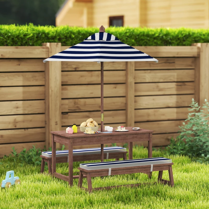 Qaba Outdoor Wooden Kids Picnic Table & Bench Set with Cushions and Umbrella, for Patio, Garden, Navy Blue