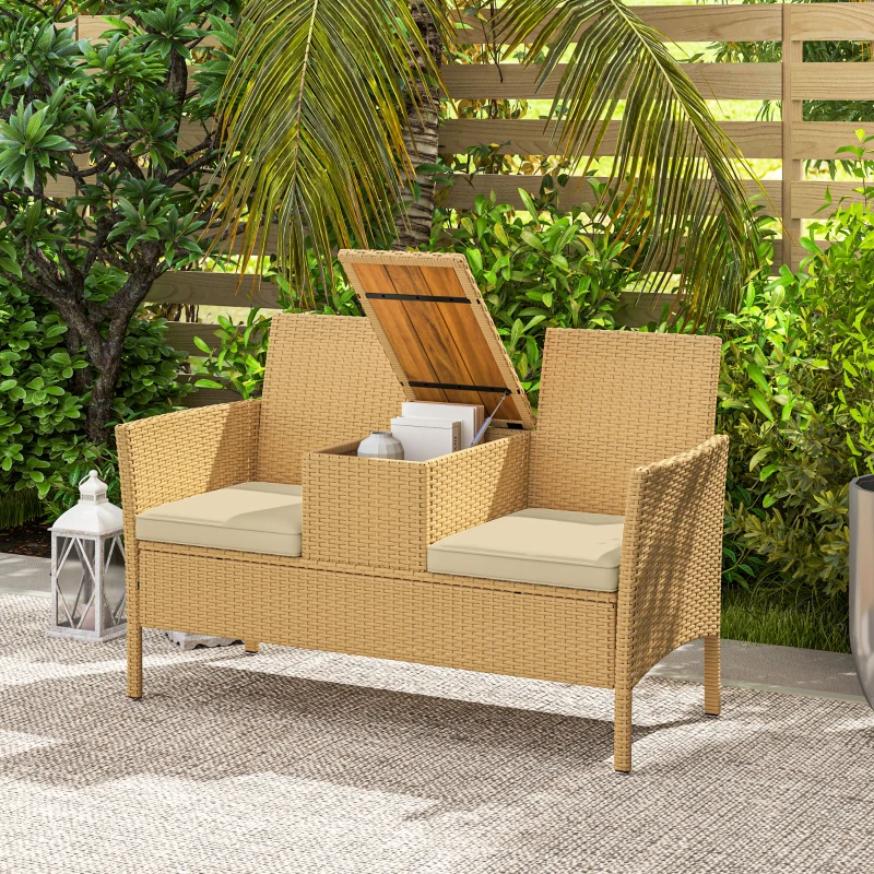 Outsunny Patio Sofa Wicker Loveseat with Built-in Flip-Top Coffee Table and Cushions for Balcony, Garden, Lawn, Backyard, Khaki