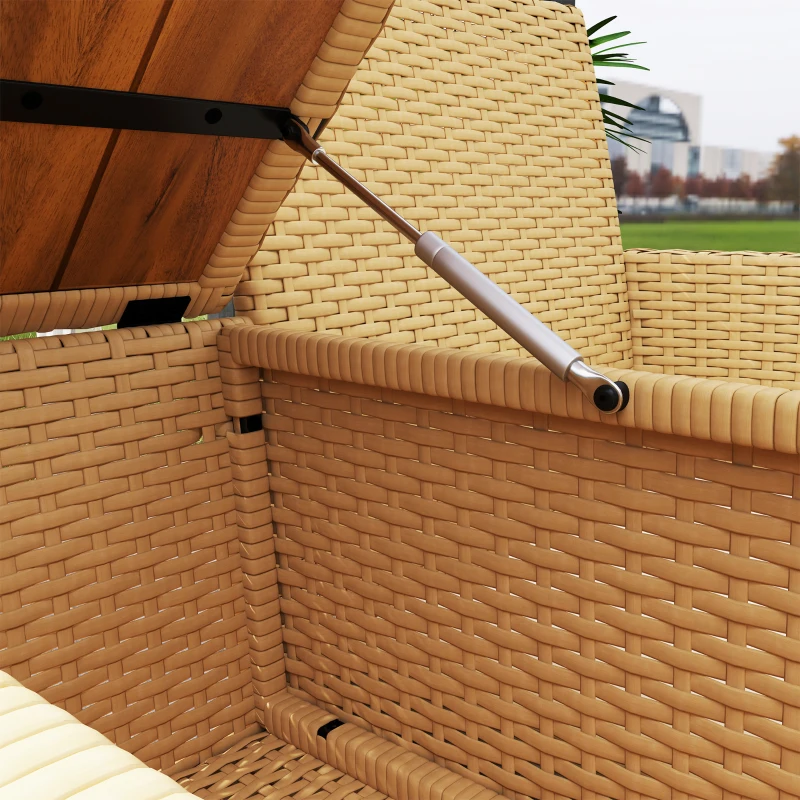 Outsunny Patio Sofa Wicker Loveseat with Built-in Flip-Top Coffee Table and Cushions for Balcony, Garden, Lawn, Backyard, Khaki