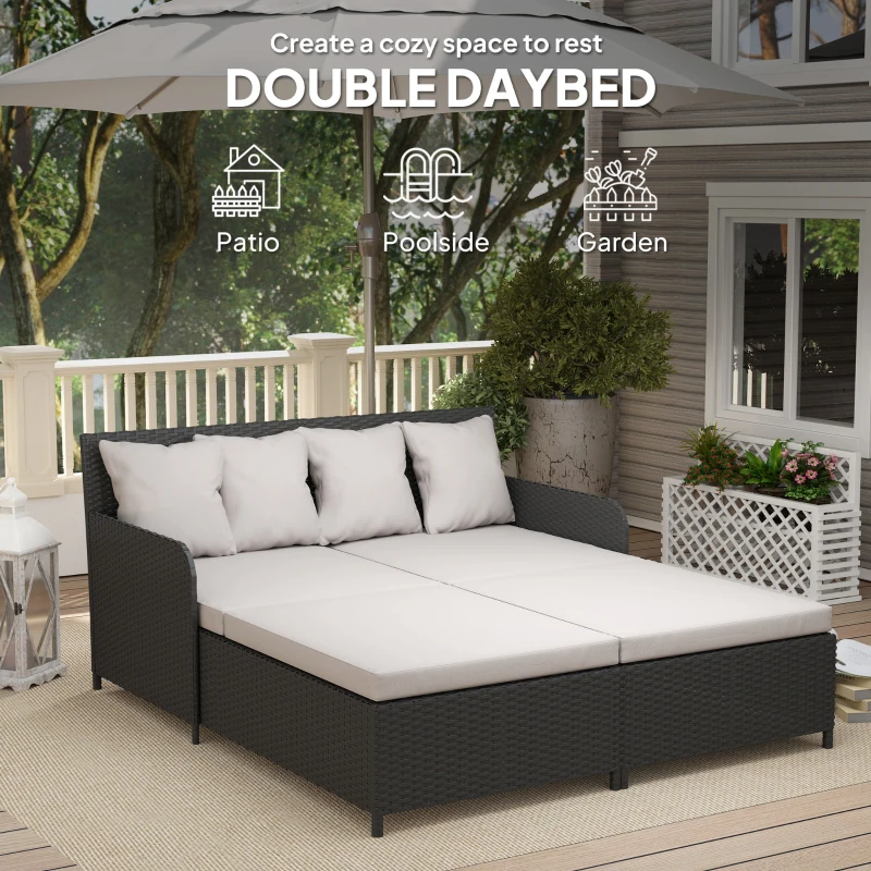 Outsunny Rattan Outdoor Daybed, Sunbed Loveseat with Soft Cushions, 4 Pillows, Curved Backrest & Armrest, Light Grey