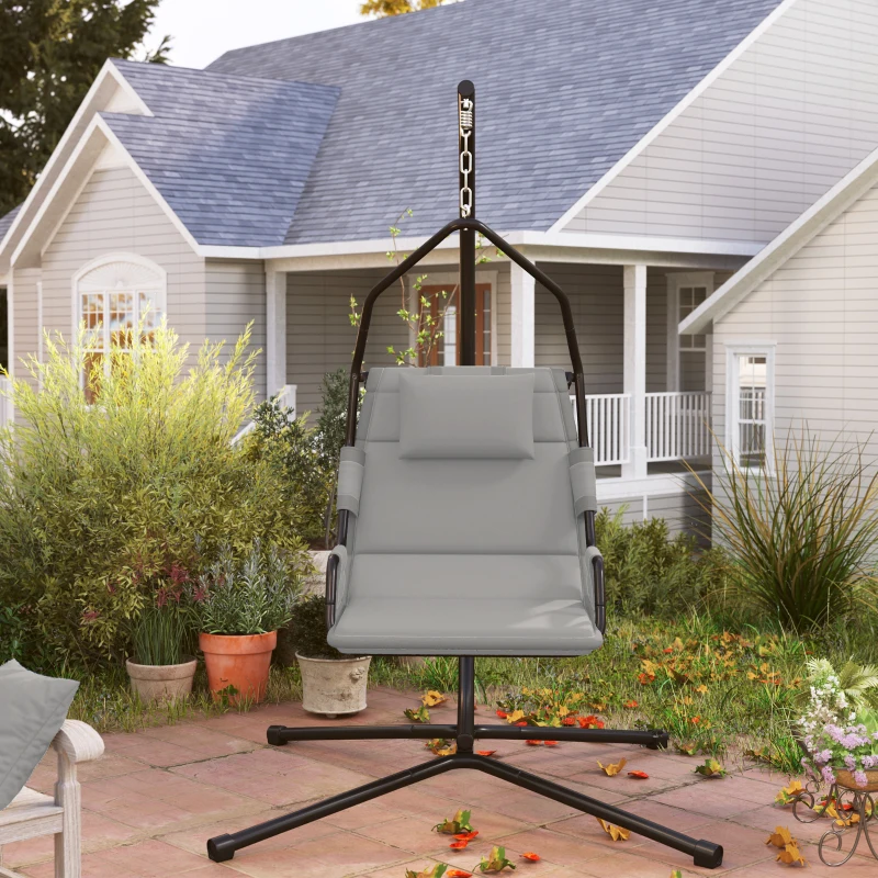Outsunny Hammock Chair with Stand and PA Coating Cushion, Hanging Swing Chair with Steel Frame for Indoor and Outdoor, Gray