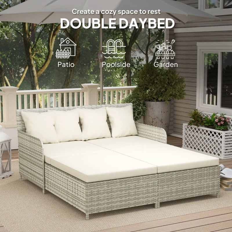 Outsunny Rattan Outdoor Daybed, Sunbed Loveseat with Soft Cushions, 4 Pillows, Curved Backrest & Armrest, Beige