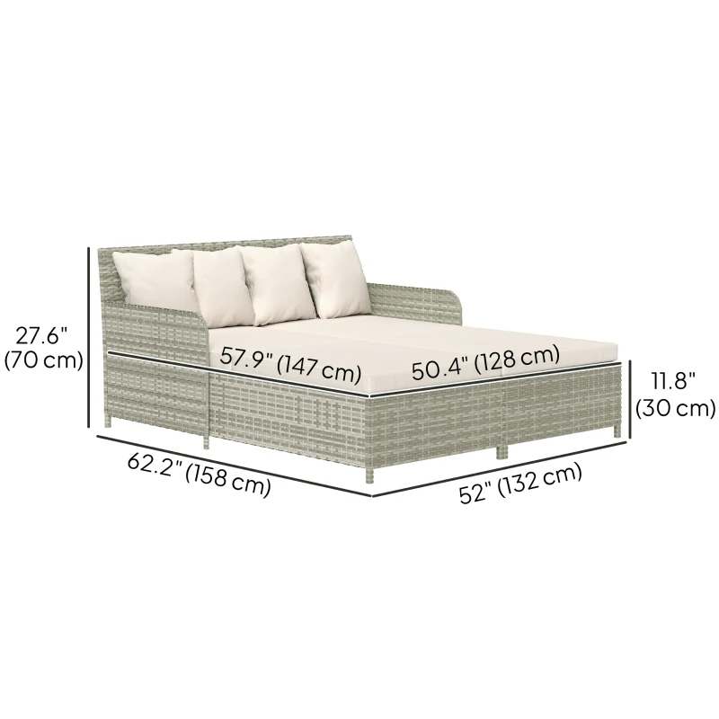 Outsunny Rattan Outdoor Daybed, Sunbed Loveseat with Soft Cushions, 4 Pillows, Curved Backrest & Armrest, Beige