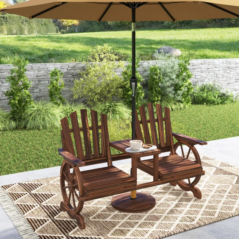 Outsunny 2-Seat Wooden Garden Bench with Table, Umbrella Hole, High Backrest, Armrests for Backyard, Patio, Garden, Carbonized