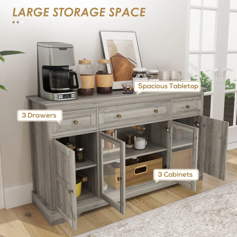 HOMCOM Sideboard Buffet Cabinet with Storage, Coffee Bar Cabinet with Glass Doors and Adjustable Shelves, Weathered Grey Oak