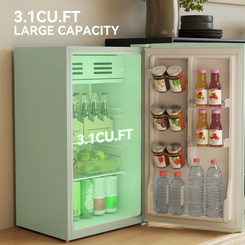 HOMCOM Retro Mini Fridge, 3.1 Cu. Ft Single Door Compact Refrigerator with Adjustable Thermostat, 2 Glass Shelves, Green