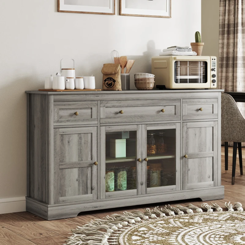 HOMCOM Sideboard Buffet Cabinet with Storage, Coffee Bar Cabinet with Glass Doors and Adjustable Shelves, Weathered Grey Oak