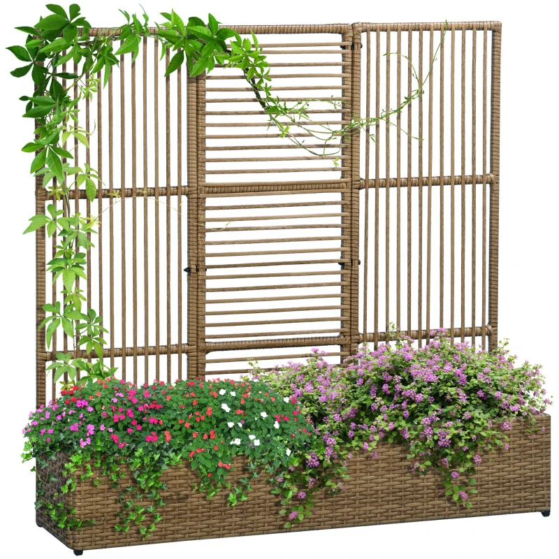Outsunny Raised Garden Bed with Lattice Trellis, Rattan Outdoor Planter with Storage for Garden, Patio, Balcony, Sand Brown