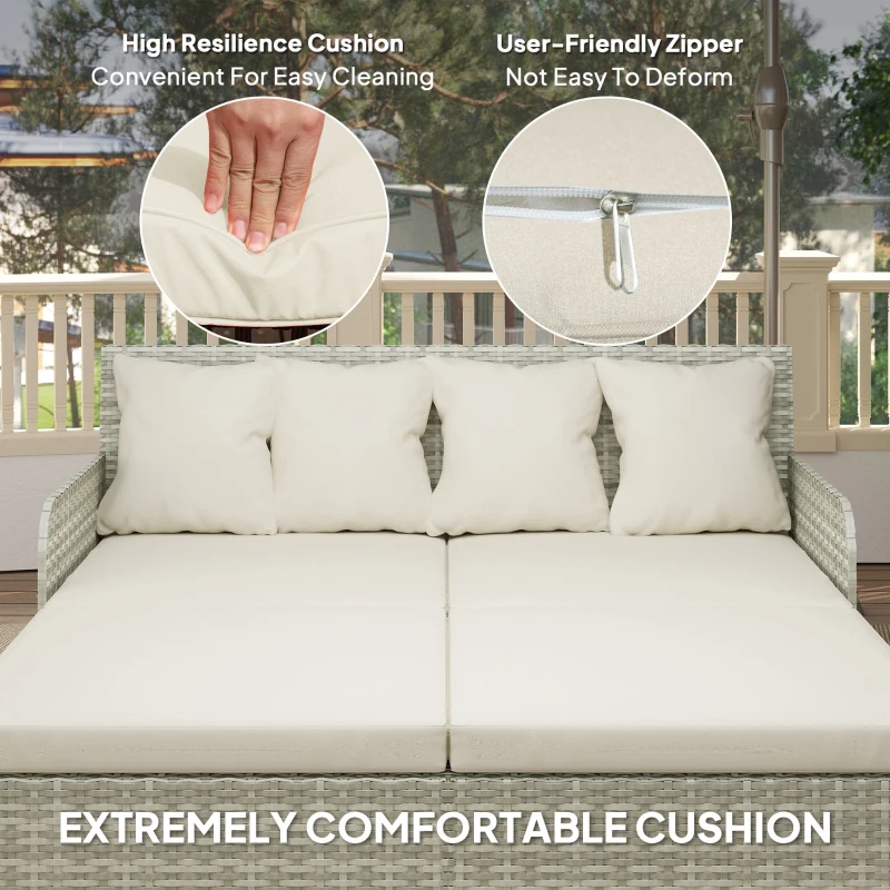 Outsunny Rattan Outdoor Daybed, Sunbed Loveseat with Soft Cushions, 4 Pillows, Curved Backrest & Armrest, Beige