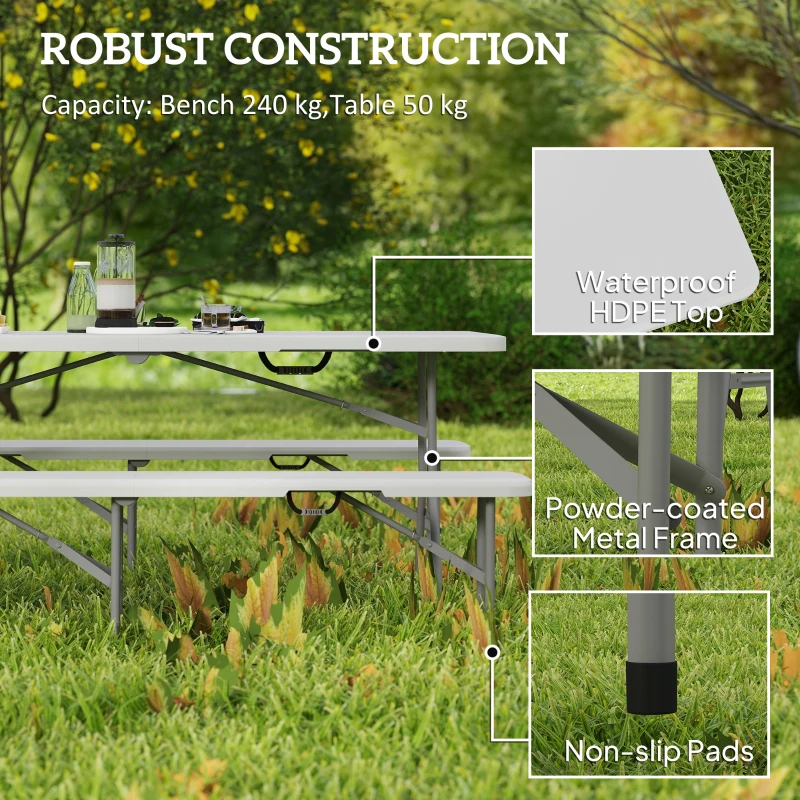 Outsunny 6FT 3 PCS Portable Camping Table and Chairs, Folding Picnic Table Bench Set with Carrying Handles for BBQ, Party, White