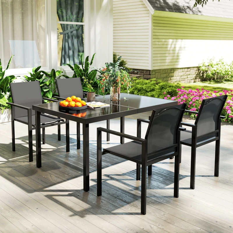 Outsunny 5 Piece Patio Dining Set with 4 Stackable Chairs, Tempered Glass Top, Rust-Resistant Metal Frame