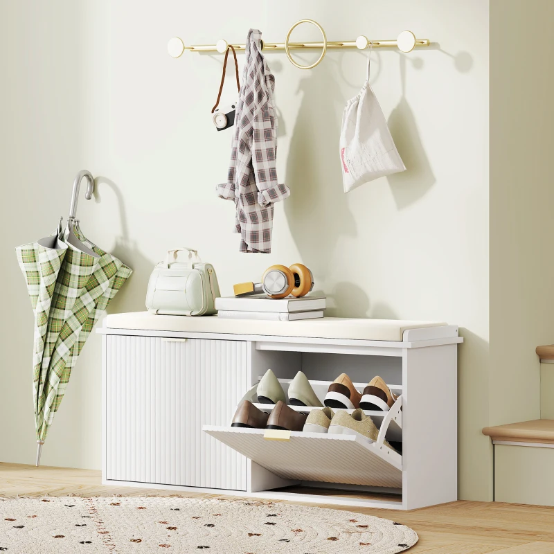 HOMCOM Shoe Storage Bench with Padded Seat Cushion and Flip-Drawer, Entryway Bench, Shoe Cabinet, 40.9x10.2x18.7 Inches, White