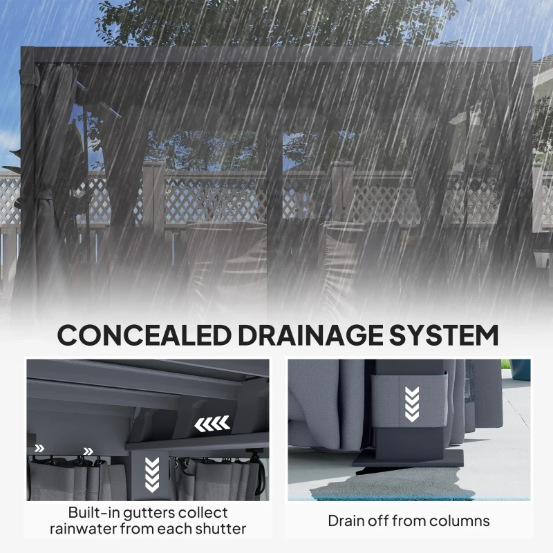 Outsunny 10' x 13' Outdoor Retractable Pergola w/ Sun Shade Louvered Top, Pergola w/ Canopy, Curtains, Netting, Dark Gray