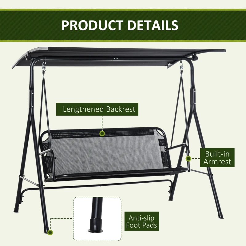 Outsunny 2-Seater Patio Swing Chair, Outdoor Adjustable Canopy Porch Swing with Armrests, Texeline Fabric and Steel Frame, Black