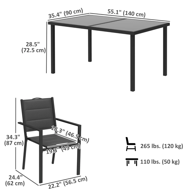 Outsunny 5 Piece Outdoor Dining Set w/ 4 Stackable Chairs, Rectangle Table, Tempered Glass Top, Steel Frame, Black