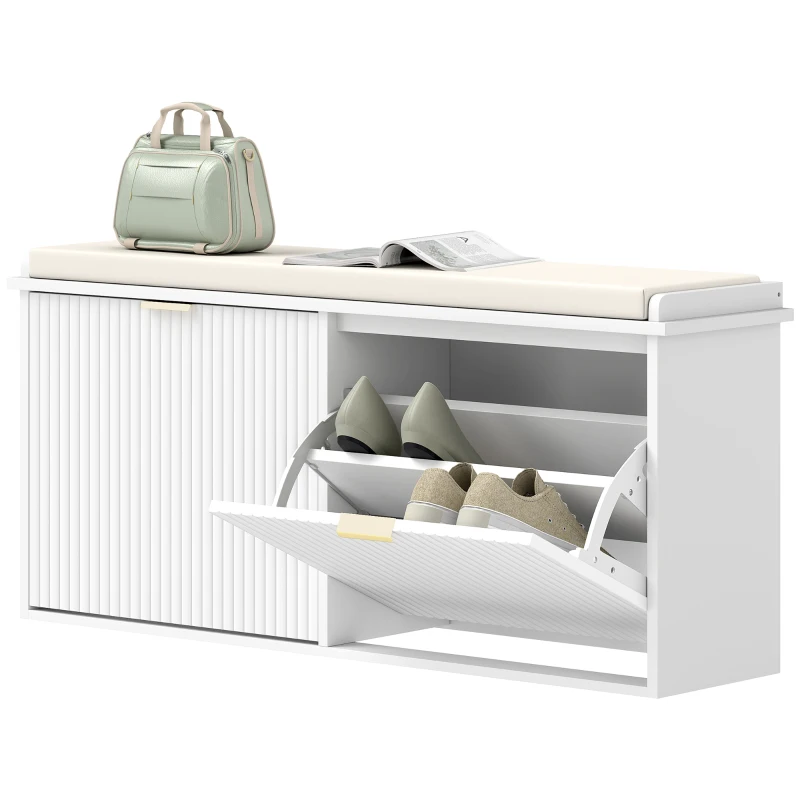 HOMCOM Entryway Bench with Padded Seat and Flip-Drawers, Holds up to 529lbs, Shoe Storage Bench for 10 Pairs of Shoes, White