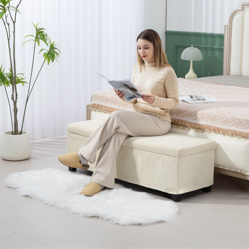 HOMCOM 47 Inches Storage Ottoman Bench, Foot Rest with Legs, End of Bed Bench, Corduroy Storage Chest for Living Room, Beige