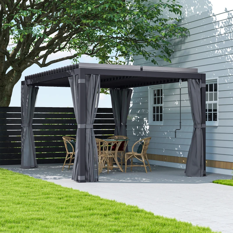 Outsunny 10' x 13' Outdoor Retractable Pergola w/ Sun Shade Louvered Top, Pergola w/ Canopy, Curtains, Netting, Dark Gray