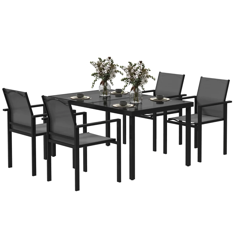 Outsunny 5 Piece Patio Dining Set with 4 Stackable Chairs, Tempered Glass Top, Rust-Resistant Metal Frame