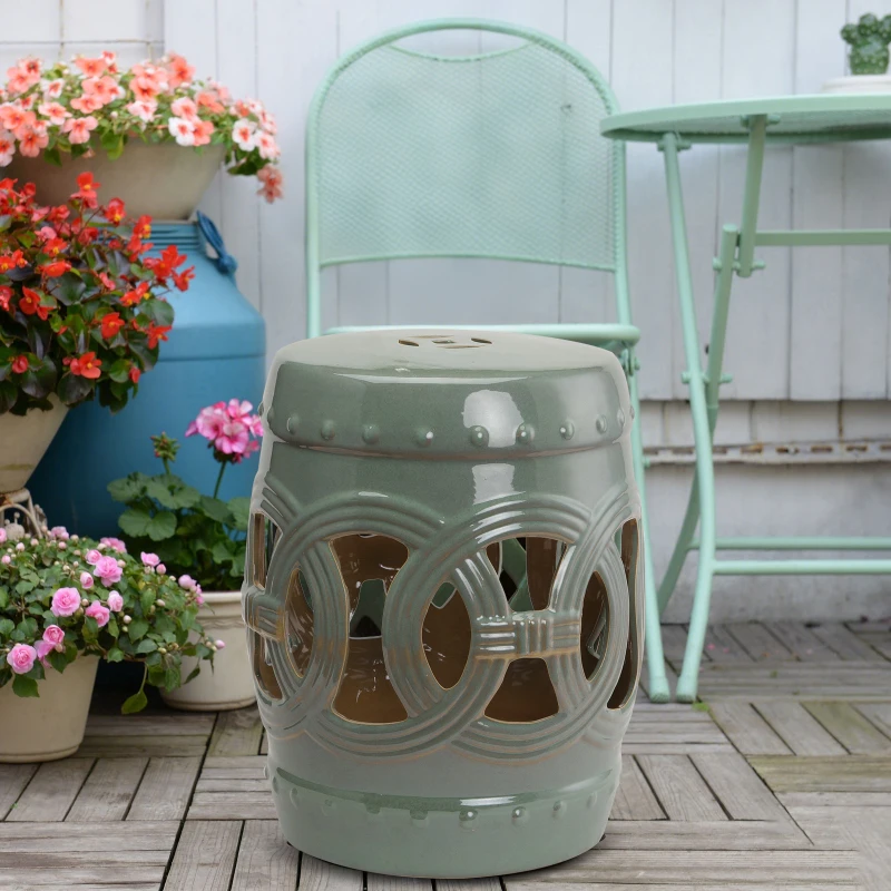 Outsunny 14" x 17" Ceramic Garden Stool with Double-Coin Knotted Ring Design & Strong Glazed Material, Decorative Outdoor Stool, Home Collection, Green