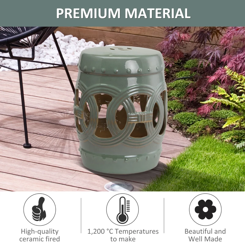 Outsunny 14" x 17" Ceramic Garden Stool with Double-Coin Knotted Ring Design & Strong Glazed Material, Decorative Outdoor Stool, Home Collection, Green