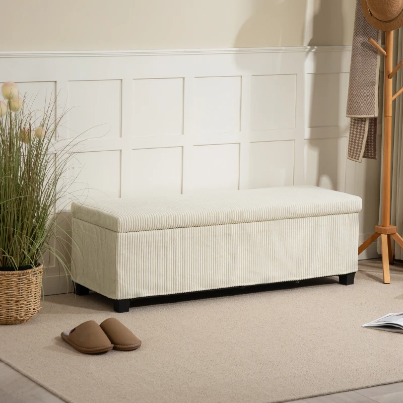 HOMCOM 47 Inches Storage Ottoman Bench, Foot Rest with Legs, End of Bed Bench, Corduroy Storage Chest for Living Room, Beige